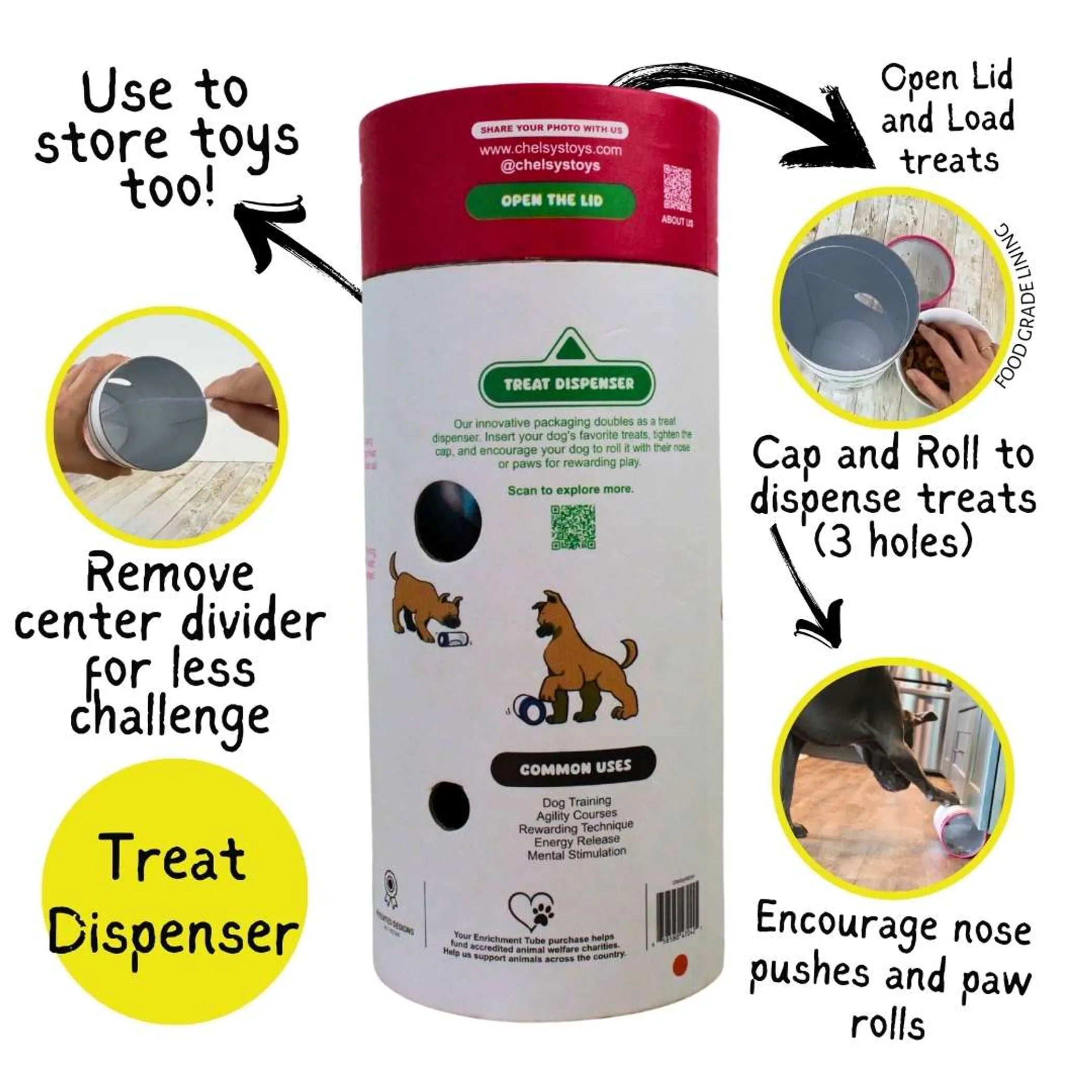 3-in-1 Enrichment Tube for Dogs - Tug Toy, Treat Dispenser & Snuffle Ball - Blue